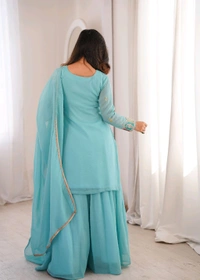PURE SOFT CRUNCHY SILK FABRIC TOP,SHARARA WITH DUPATTA SET READY TO WEAR•NKB-71
- Sky blue, M