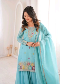 PURE SOFT CRUNCHY SILK FABRIC TOP,SHARARA WITH DUPATTA SET READY TO WEAR•NKB-71
- Sky blue, M