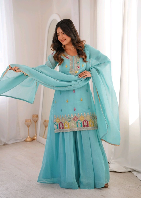 PURE SOFT CRUNCHY SILK FABRIC TOP,SHARARA WITH DUPATTA SET READY TO WEAR•NKB-71
- Sky blue, M