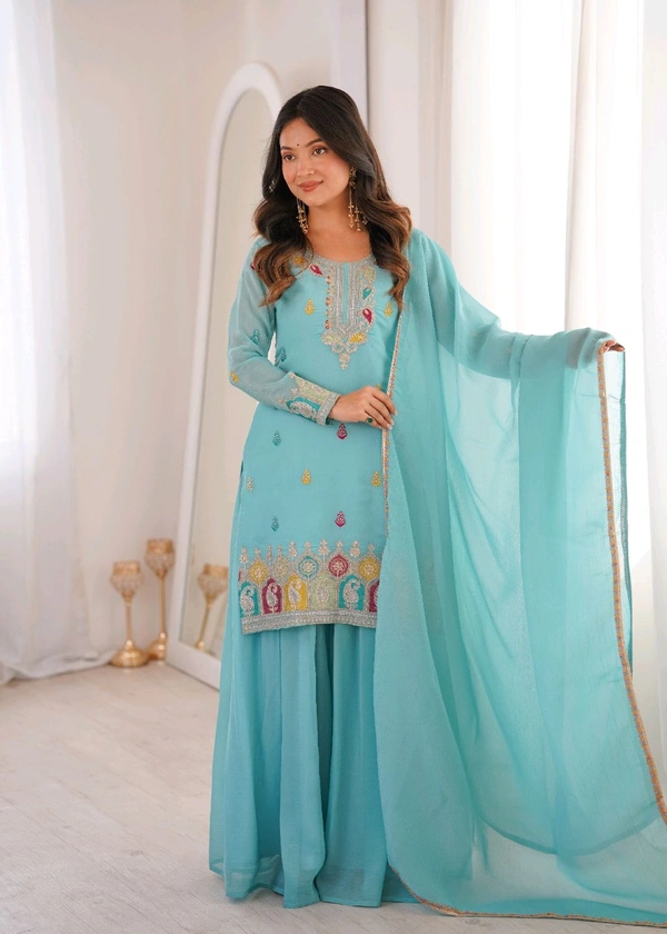 PURE SOFT CRUNCHY SILK FABRIC TOP,SHARARA WITH DUPATTA SET READY TO WEAR•NKB-71
- Sky blue, M