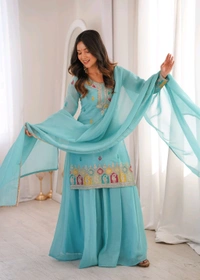PURE SOFT CRUNCHY SILK FABRIC TOP,SHARARA WITH DUPATTA SET READY TO WEAR•NKB-71
- Sky blue, M