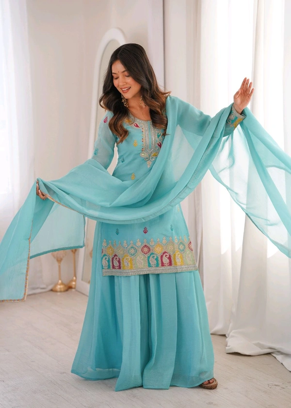 PURE SOFT CRUNCHY SILK FABRIC TOP,SHARARA WITH DUPATTA SET READY TO WEAR•NKB-71
- Sky blue, M