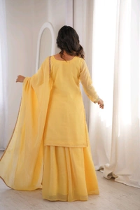 PURE SOFT CRUNCHY SILK FABRIC TOP,SHARARA WITH DUPATTA SET READY TO WEAR•NKB-70 - Yellow, S