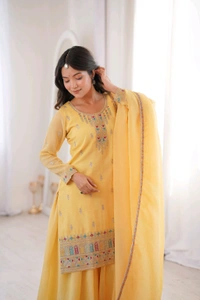 PURE SOFT CRUNCHY SILK FABRIC TOP,SHARARA WITH DUPATTA SET READY TO WEAR•NKB-70 - Yellow, S
