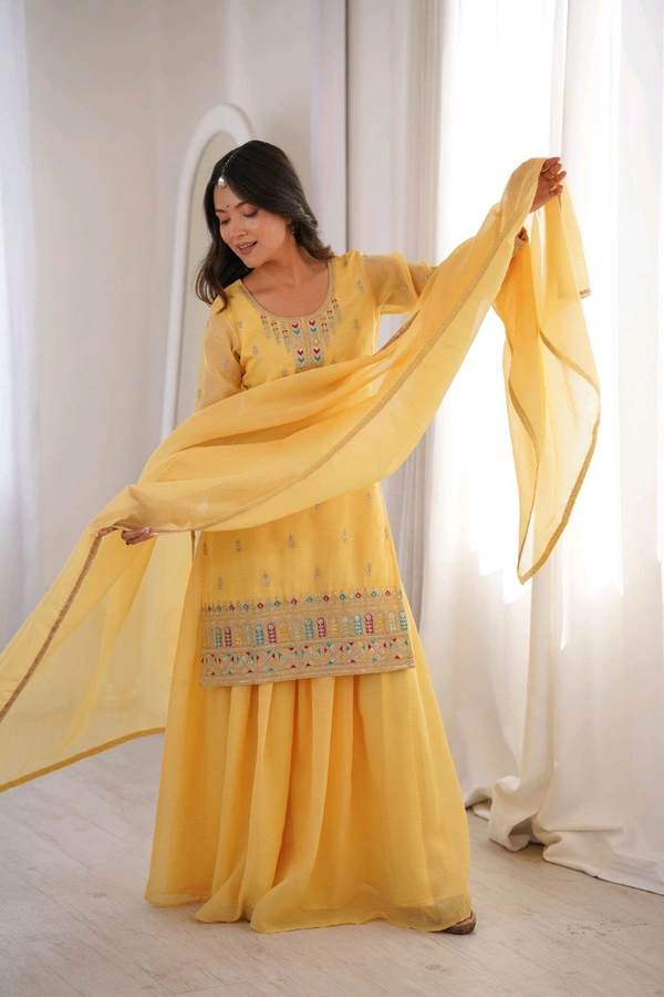 PURE SOFT CRUNCHY SILK FABRIC TOP,SHARARA WITH DUPATTA SET READY TO WEAR•NKB-70 - Yellow, XXL