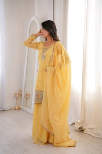 PURE SOFT CRUNCHY SILK FABRIC TOP,SHARARA WITH DUPATTA SET READY TO WEAR•NKB-70 - Yellow, XXL