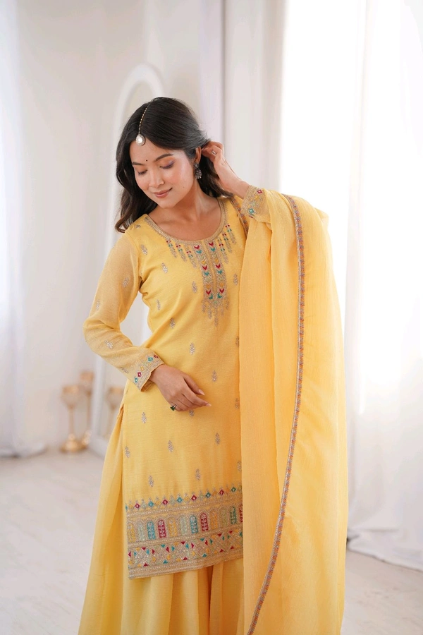 PURE SOFT CRUNCHY SILK FABRIC TOP,SHARARA WITH DUPATTA SET READY TO WEAR•NKB-70 - Yellow, XXL