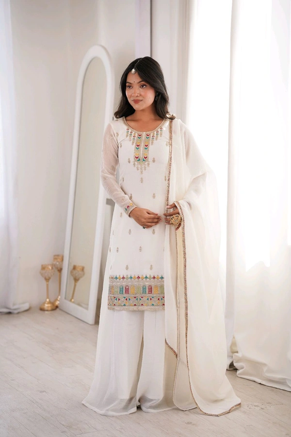PURE SOFT CRUNCHY SILK FABRIC TOP,SHARARA WITH DUPATTA SET READY TO WEAR•NKB-70 - White, S