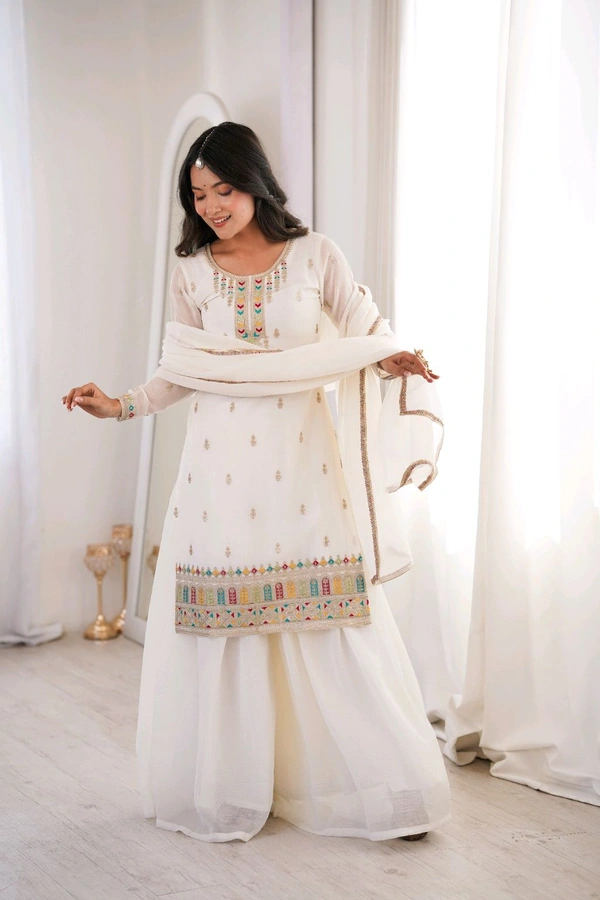 PURE SOFT CRUNCHY SILK FABRIC TOP,SHARARA WITH DUPATTA SET READY TO WEAR•NKB-70 - White, S