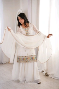 PURE SOFT CRUNCHY SILK FABRIC TOP,SHARARA WITH DUPATTA SET READY TO WEAR•NKB-70 - White, M