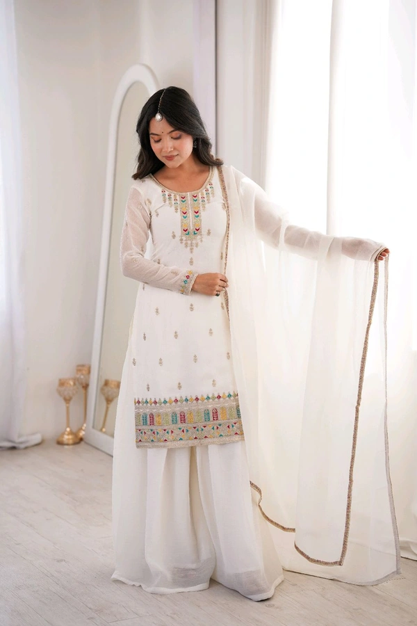 PURE SOFT CRUNCHY SILK FABRIC TOP,SHARARA WITH DUPATTA SET READY TO WEAR•NKB-70 - White, M