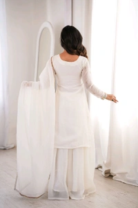 PURE SOFT CRUNCHY SILK FABRIC TOP,SHARARA WITH DUPATTA SET READY TO WEAR•NKB-70 - White, L