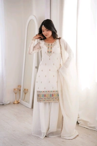 PURE SOFT CRUNCHY SILK FABRIC TOP,SHARARA WITH DUPATTA SET READY TO WEAR•NKB-70 - White, L