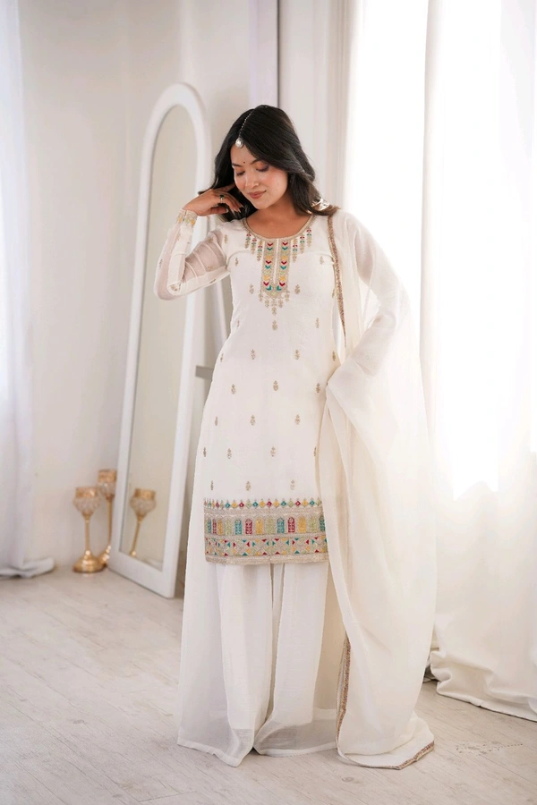 PURE SOFT CRUNCHY SILK FABRIC TOP,SHARARA WITH DUPATTA SET READY TO WEAR•NKB-70 - White, XL