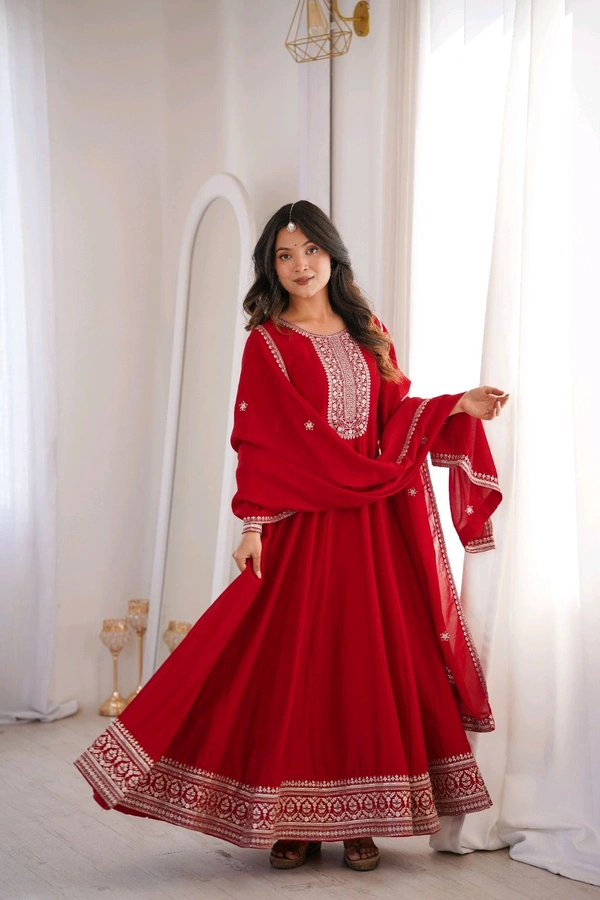 PREMIUM QUALITY PURE VICHITRA SILK FABRIC FULLY FLARE GOWN,WITH DUPATTA SET•NKB-72 - Red, XXL