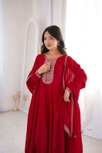 PREMIUM QUALITY PURE VICHITRA SILK FABRIC FULLY FLARE GOWN,WITH DUPATTA SET•NKB-72 - Red, XXL