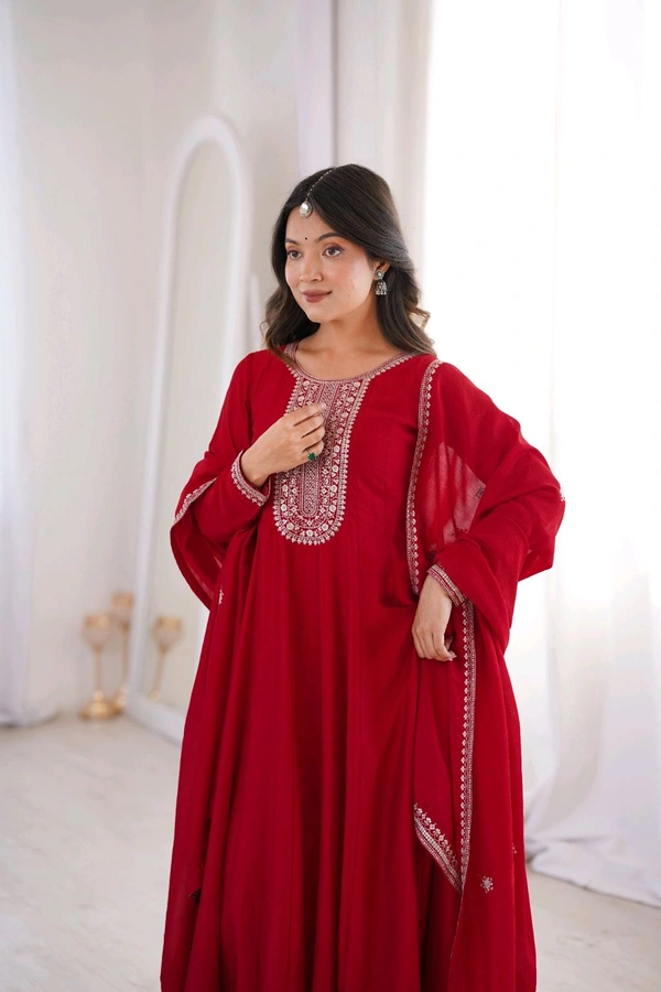 PREMIUM QUALITY PURE VICHITRA SILK FABRIC FULLY FLARE GOWN,WITH DUPATTA SET•NKB-72 - Red, XXL