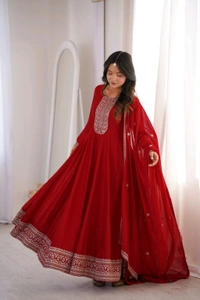PREMIUM QUALITY PURE VICHITRA SILK FABRIC FULLY FLARE GOWN,WITH DUPATTA SET•NKB-72 - Red, XXL