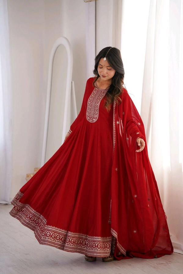 PREMIUM QUALITY PURE VICHITRA SILK FABRIC FULLY FLARE GOWN,WITH DUPATTA SET•NKB-72 - Red, XXL
