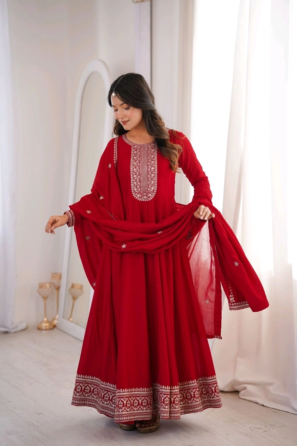 PREMIUM QUALITY PURE VICHITRA SILK FABRIC FULLY FLARE GOWN,WITH DUPATTA SET•NKB-72 - Red, XXL