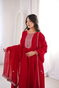 PREMIUM QUALITY PURE VICHITRA SILK FABRIC FULLY FLARE GOWN,WITH DUPATTA SET•NKB-72 - Red, XXL