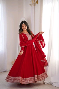 PREMIUM QUALITY PURE VICHITRA SILK FABRIC FULLY FLARE GOWN,WITH DUPATTA SET•NKB-72 - Red, XXL