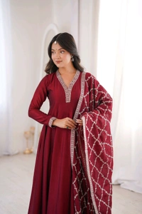 PREMIUM QUALITY PURE BLOOMING VICHITRA SILK FABRIC FULLY FLARE GOWN,WITH DUPPTA SET•NKB-69
- Maroon, S