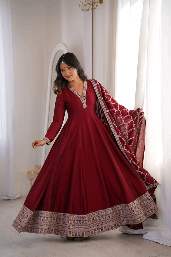 PREMIUM QUALITY PURE BLOOMING VICHITRA SILK FABRIC FULLY FLARE GOWN,WITH DUPPTA SET•NKB-69
- Maroon, XXL