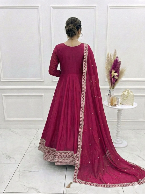 HIGH END PREMIUM QUALITY PURE VICHITRA SILK FABRIC FULLY FLARE GOWN,WITH DUPPTA SET•NKB-66 - Dark pink, S
