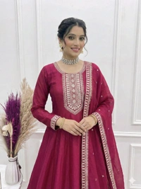 HIGH END PREMIUM QUALITY PURE VICHITRA SILK FABRIC FULLY FLARE GOWN,WITH DUPPTA SET•NKB-66 - Dark pink, S