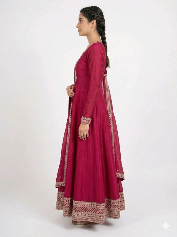 HIGH END PREMIUM QUALITY PURE VICHITRA SILK FABRIC FULLY FLARE GOWN,WITH DUPPTA SET•NKB-66 - Dark pink, S