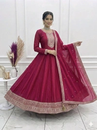 HIGH END PREMIUM QUALITY PURE VICHITRA SILK FABRIC FULLY FLARE GOWN,WITH DUPPTA SET•NKB-66 - Dark pink, S