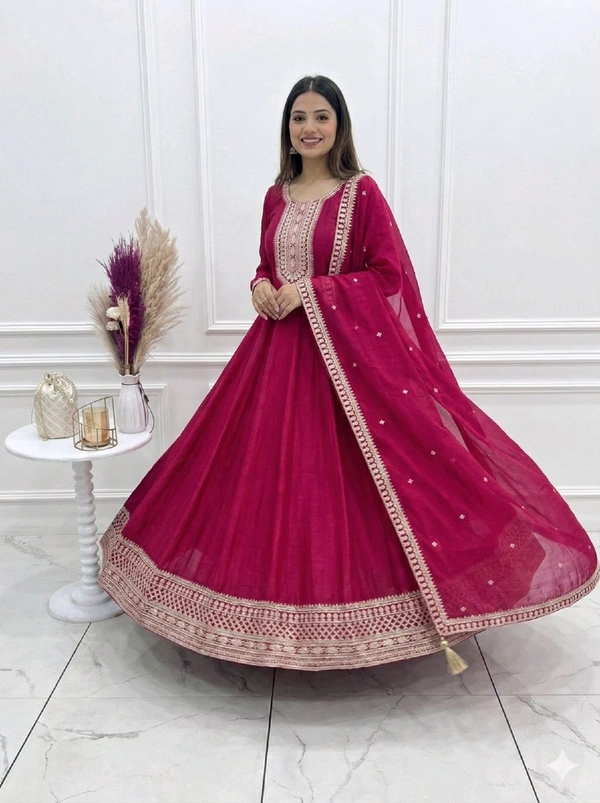 HIGH END PREMIUM QUALITY PURE VICHITRA SILK FABRIC FULLY FLARE GOWN,WITH DUPPTA SET•NKB-66 - Dark pink, XXL