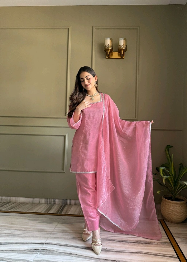 FARSHI SALWAR SUIT CRUNCHY SILK FABRIC WITH SIROSKI WORK,TOP WITH DUPPTA SET,SALWAR READY TO WEAR• KB-297 - Pink, M