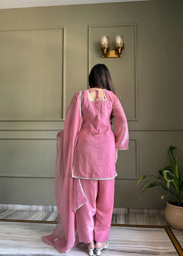 FARSHI SALWAR SUIT CRUNCHY SILK FABRIC WITH SIROSKI WORK,TOP WITH DUPPTA SET,SALWAR READY TO WEAR• KB-297 - Pink, M