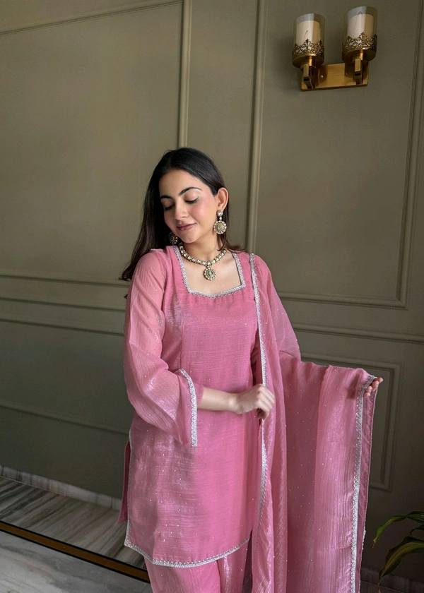 FARSHI SALWAR SUIT CRUNCHY SILK FABRIC WITH SIROSKI WORK,TOP WITH DUPPTA SET,SALWAR READY TO WEAR• KB-297 - Pink, M