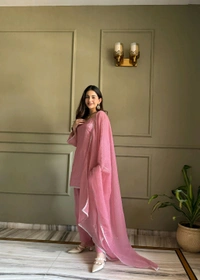 FARSHI SALWAR SUIT CRUNCHY SILK FABRIC WITH SIROSKI WORK,TOP WITH DUPPTA SET,SALWAR READY TO WEAR• KB-297 - Pink, M