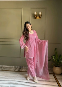 FARSHI SALWAR SUIT CRUNCHY SILK FABRIC WITH SIROSKI WORK,TOP WITH DUPPTA SET,SALWAR READY TO WEAR• KB-297 - Pink, M
