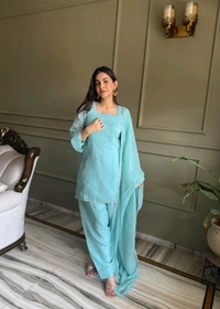 FARSHI SALWAR SUIT CRUNCHY SILK FABRIC WITH SIROSKI WORK,TOP WITH DUPPTA SET,SALWAR READY TO WEAR• KB-297 - Sky, S