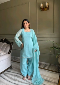 FARSHI SALWAR SUIT CRUNCHY SILK FABRIC WITH SIROSKI WORK,TOP WITH DUPPTA SET,SALWAR READY TO WEAR• KB-297 - Sky, S