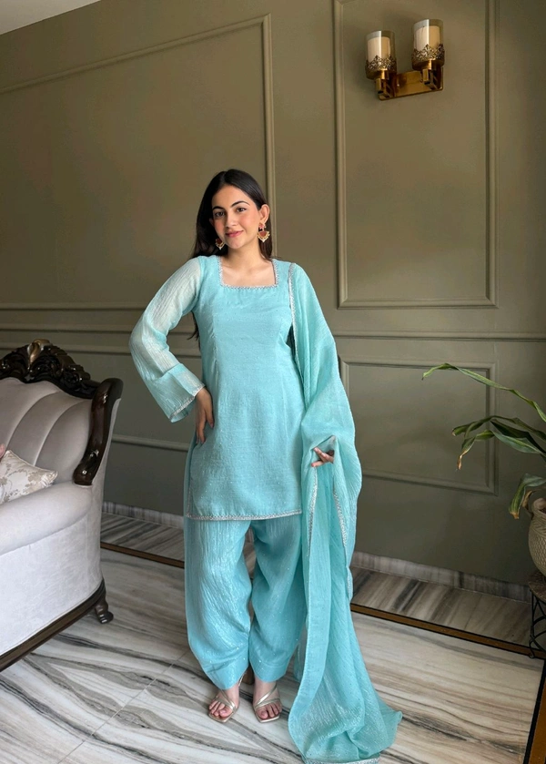 FARSHI SALWAR SUIT CRUNCHY SILK FABRIC WITH SIROSKI WORK,TOP WITH DUPPTA SET,SALWAR READY TO WEAR• KB-297 - Sky, S