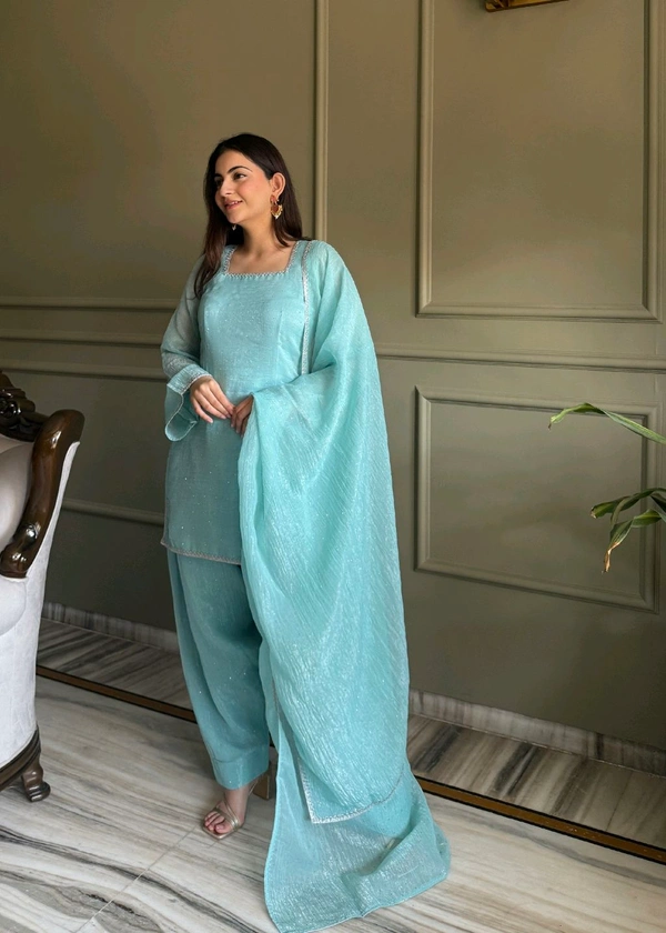 FARSHI SALWAR SUIT CRUNCHY SILK FABRIC WITH SIROSKI WORK,TOP WITH DUPPTA SET,SALWAR READY TO WEAR• KB-297 - Sky, M