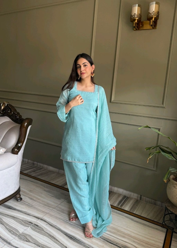 FARSHI SALWAR SUIT CRUNCHY SILK FABRIC WITH SIROSKI WORK,TOP WITH DUPPTA SET,SALWAR READY TO WEAR• KB-297 - Sky, M