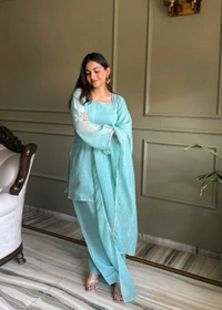 FARSHI SALWAR SUIT CRUNCHY SILK FABRIC WITH SIROSKI WORK,TOP WITH DUPPTA SET,SALWAR READY TO WEAR• KB-297 - Sky, XL