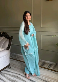 FARSHI SALWAR SUIT CRUNCHY SILK FABRIC WITH SIROSKI WORK,TOP WITH DUPPTA SET,SALWAR READY TO WEAR• KB-297 - Sky, XL