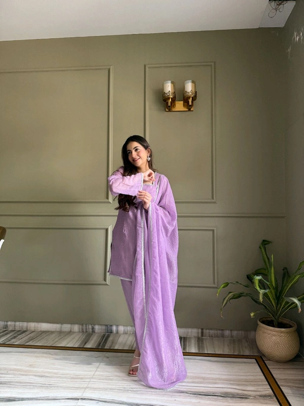 FARSHI SALWAR SUIT CRUNCHY SILK FABRIC WITH SIROSKI WORK,TOP WITH DUPPTA SET,SALWAR READY TO WEAR• KB-297 - Purple, XXL