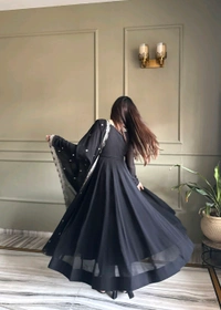 PURE FOX GEORGETTE FABRIC FULLY FLARE ANARKALI WITH KOTI,DUPATTA SET,PENT READY TO WEAR•KB-299 - Black, XL