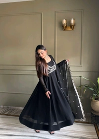 PURE FOX GEORGETTE FABRIC FULLY FLARE ANARKALI WITH KOTI,DUPATTA SET,PENT READY TO WEAR•KB-299 - Black, XL
