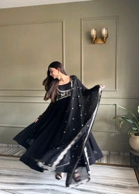 PURE FOX GEORGETTE FABRIC FULLY FLARE ANARKALI WITH KOTI,DUPATTA SET,PENT READY TO WEAR•KB-299 - Black, XL