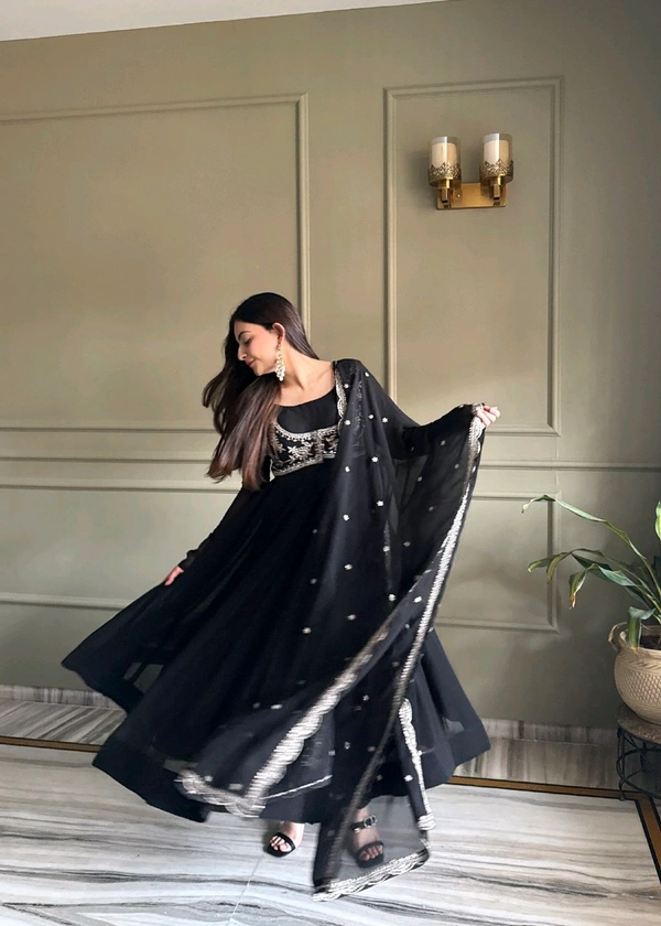 PURE FOX GEORGETTE FABRIC FULLY FLARE ANARKALI WITH KOTI,DUPATTA SET,PENT READY TO WEAR•KB-299 - Black, XL